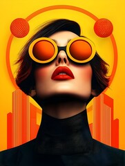Poster - Visually striking portrait of a retro inspired pop art woman with bold emotive features surreal psychedelic patterns and a high saturated color scheme channeling a retrofuturistic