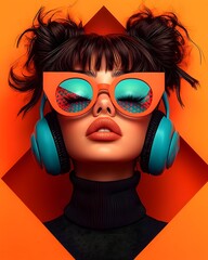 Poster - Captivating Retro Pop Art Woman in Vibrant Digital Painting Style Alluring Gaze Fluid Movements Abstract Kaleidoscopic Designs and a Appearance Evoking the Vaporwave Aesthetic