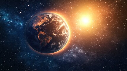 Wall Mural - beautiful view of planet earth from space, with the sun rising behind it, casting a warm glow on the