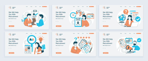 Wall Mural - Recruitment concept of landing page with slide templates set in flat design. Website headers with people finding staff, searching best cv online, interviewing candidates, hiring. Vector illustrations.