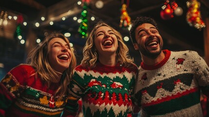 A playful scene of friends laughing and posing together in their colorful ugly Christmas sweaters at a holiday party, surrounded by festive decorations