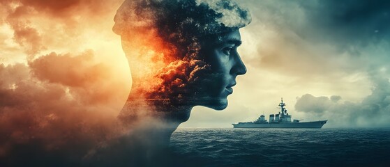 Poster - Ethereal Portrait of a Person Merging with Nature and Maritime Elements against a Dramatic Sky, Symbolizing Inner Conflict and Exploration Concepts