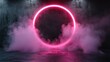 ©  Shomixer - A vivid pink neon circle radiates an intense glow amid layers of smoke, projecting an aura of mystery and cyber essence in a captivating circular form.