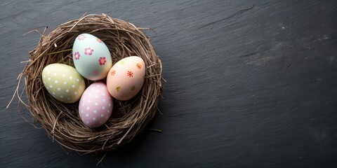 A nest of four decorated Easter eggs on a black slate background