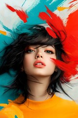 Poster - Captivating retro pop art portrait showcasing a woman with a playful dynamic demeanor against an abstract textured background with vibrant expressive brushwork