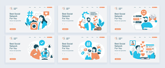 Fototapete - Social network concept of landing page with slide templates set in flat design. Website headers with people posting photos with hashtags, making live streams, online chatting. Vector illustrations.