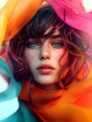 Poster - Captivating Retro Pop Art Woman with Fluid Movements Abstract Patterns and a Vibrant Neon Infused Color Scheme in a Digital Painting Style Channeling the Spirit of Optical Art