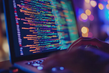 Dedicated programmer engaging in software development with java script code on laptop screen