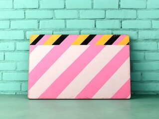 Fototapete - Colorful striped board against a turquoise brick wall, featuring bold pink and black patterns.