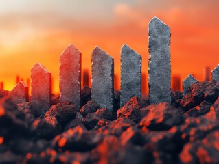 Poster - Abstract landscape with stone-like structures against a fiery sunset background.