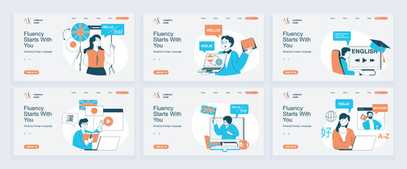 Leinwandbilder - Studying foreign language concept of landing page with slide templates set in flat design. Website headers with people learning english, spanish, japanese at online courses. Vector illustrations.