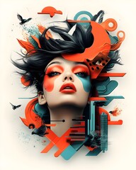 Poster - Retro pop art portrait of a captivating woman showcasing a spectrum of moods and reactions with an elaborate almost architectural hairstyle and mesmerizing almost kaleidoscopic makeup