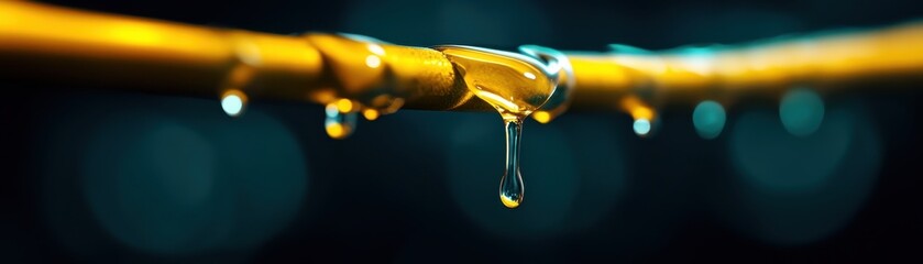 Aufkleber - A close-up of a droplet hanging from a yellow pipe against a soft, blurred background.