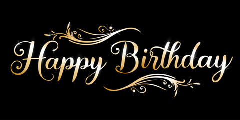 Golden shining Decorative lettering Happy birthday isolated on black background. Element for postcard, website, your design. Vector graphics.