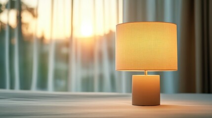 Wall Mural - A cozy lamp sits on a surface by a window with curtains framing the sunrise, creating a soft glow and peaceful ambiance perfect for a quiet morning.