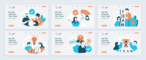 Leinwandbilder - Teamwork concept of landing page with slide templates set in flat design. Website headers with people working together, solving problems, brainstorming and developing new ideas. Vector illustrations.