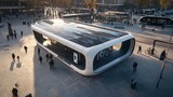 A modern sustainable electric charging hub covered in solar panels stands as the centerpiece of a bustling vibrant city square