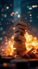 Poster - Tower of blocks illuminated by sparks, set against a city backdrop.