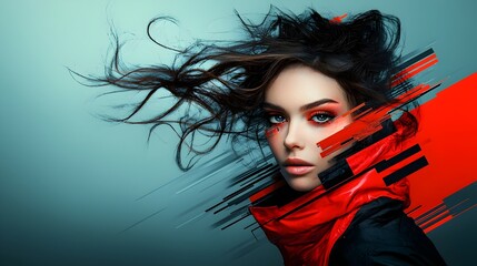 Poster - Captivating Retro Pop Art Woman with a Striking Gaze Dynamic Poses and Bold Graphic Elements Rendered in a Mixed Media Style Combining Digital Painting and Collage Set in a Vibrant
