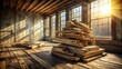 © Collection - Sunbeams illuminate a weathered wooden room, casting long shadows on the worn floorboards as a pile of lumber waits to be transformed.