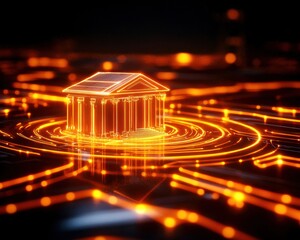 Aufkleber - Digital illustration of a glowing bank building amidst circuit patterns, symbolizing finance and technology integration.