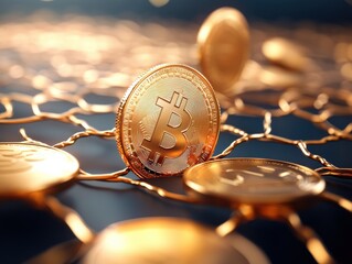 Aufkleber - A cryptocurrency is a digital or virtual currency secured by cryptography, Close-up of Bitcoin coins on a wire mesh background, symbolizing digital currency investment.