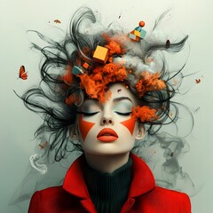 Poster - Retro Pop Art Woman Conveying a Range of Complex Emotions Through Her Expressions Surreal and Almost Cubist Inspired Hairstyle and Striking Graphic Makeup Set Against a Saturated