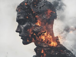 Poster - Surreal Portrait of a Young Man with Fiery Explosion and Smoky Background Illustrating Inner Turmoil and Passion, Evoking a Sense of Intensity and Conflict