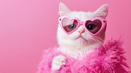 Wall Mural - A cute white cat wearing heart-shaped sunglasses and pink fur on a bright pink background, posing playfully for fun