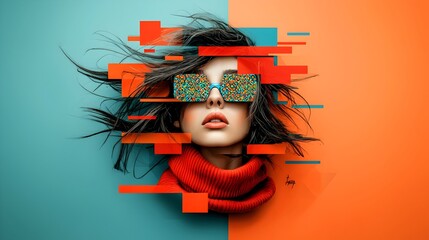 Poster - Captivating Retro Pop Art Woman with Fluid Movements and Vibrant Kaleidoscopic Motifs in a Contemporary Digital Painting Style Evoking the Essence of the Vaporwave Aesthetic Against a Minimalist