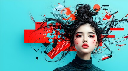 Poster - A visually striking digital painting depicting a captivating retro pop art woman with fluid expressive movements and a kaleidoscope of vibrant abstract motifs set against a minimalist