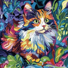 Wall Mural - Colorful abstract illustration of a cat with vibrant green eyes surrounded by artistic leaves in a psychedelic style