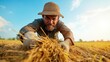 ©  Shomixer - An elderly farmer, dressed in a straw hat and gloves, diligently collecting dry grass in an expansive field, symbolizing the simplicity and hard work of rural life.