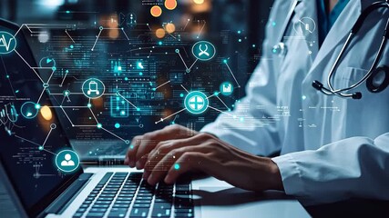 Poster - Doctor working with laptop, glowing medical icons. 4K Video