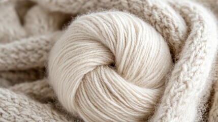 Poster - Soft Beige Yarn Ball on Knitted Fabric Background