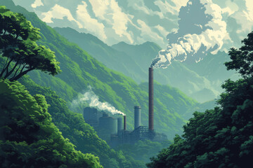 A factory surrounded by lush mountains emits smoke into the sky, blending industrial and natural elements in a serene landscape.