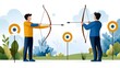 © Kunchan - Flat design of an archery range with multiple targets an instructor guiding archers and archers focused on practicing their shooting skills in a style