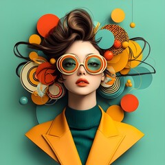 Poster - Alluring retro pop art woman with a captivating expression and fluid movements set against a backdrop of abstract kaleidoscopic patterns in a visually striking neon infused color scheme