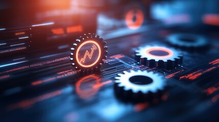 Poster - Growth-Driven Machine:  Cogs interlock on a futuristic digital interface, a glowing graph symbolizing upward momentum and technological advancement.
