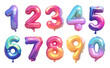 © ssstocker - helium digits cartoon. balloons digit, number colorful rainbow bright foil glossy inflated 3d decor birthday party holiday decoration set vector illustration