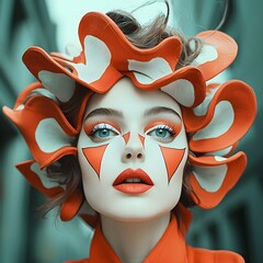 Poster - Captivating Retro Pop Art Woman Showcases Spectrum of Moods and Reactions in Dynamic Cubist Inspired Portrait  Elaborate Almost Mask Like Hairstyle and Mesmerizing Makeup Create a Striking