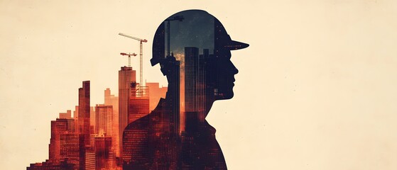 Poster - Silhouette of a Construction Worker with City Skyline in Background Representing Urban Development and Architectural Progress in Modern Society