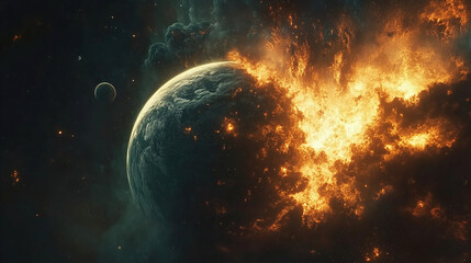 Aufkleber - A planet engulfed in flames with celestial bodies nearby in a dramatic cosmic explosion during the night. Generative AI