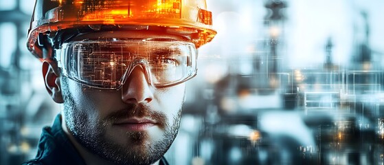 Poster - Professional male engineer in protective gear looks confidently at the camera amidst industrial backdrop, showcasing innovation and modern technology in the workplace environment.