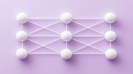 Minimalist network design with white spheres and lines on purple background