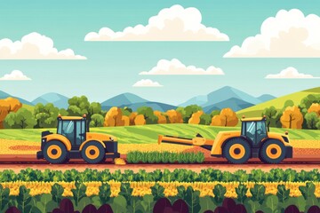 Aufkleber - Robotic machines work together on a farm, planting and harvesting various crops amidst a colorful, scenic backdrop. Generative AI