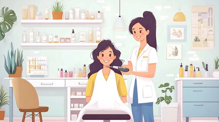 Skilled hairstylist giving woman a stylish new look with soft  voluminous waves using curling tongs in the cozy  well equipped interior of a modern beauty salon