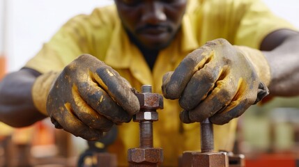 Poster - Worker Tightening Rusty Bolts Wearing Protective Gloves