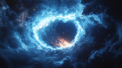Aufkleber - A swirling cosmic vortex illuminated by brilliant blue light and fiery elements in deep space displaying celestial beauty. Generative AI