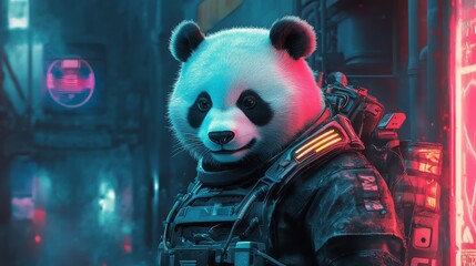 Wall Mural - Panda police officer with futuristic gear patrols a neon-lit cyberpunk city street, maintaining order in a technologically advanced urban environment